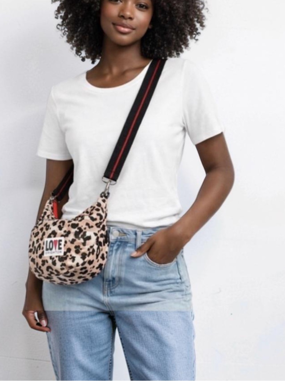 New Brighton Spotted LOVE Leopard Print Swing Bag in Beige, Black and Red Accent